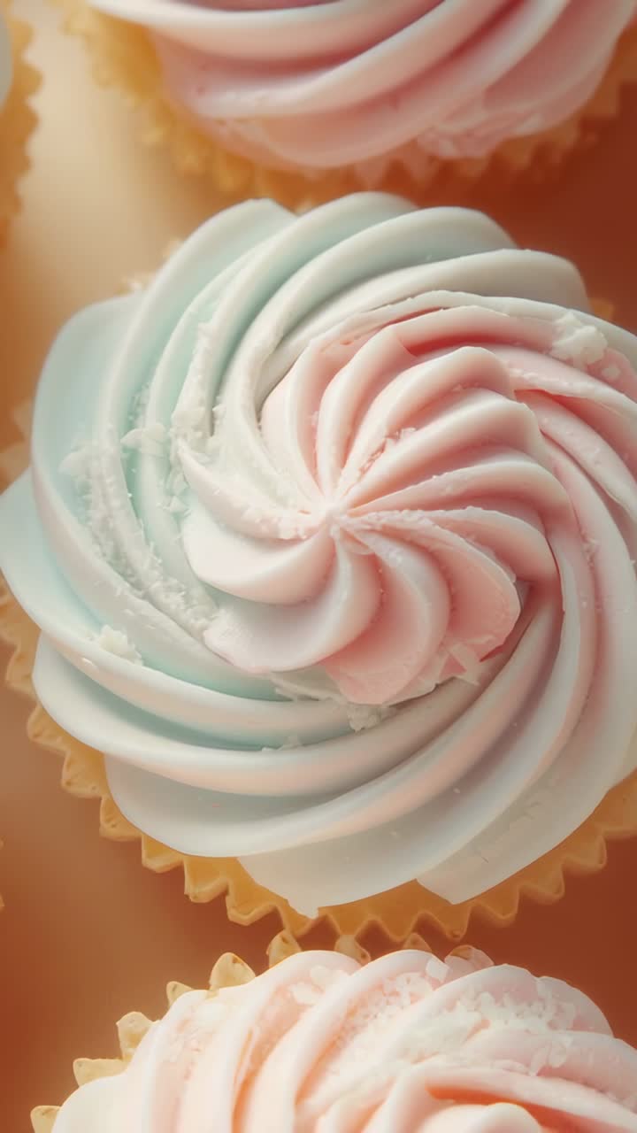 Vertical video: Closeup initiating camera panning cupcakes in bakery showing pastel swirl frosting
