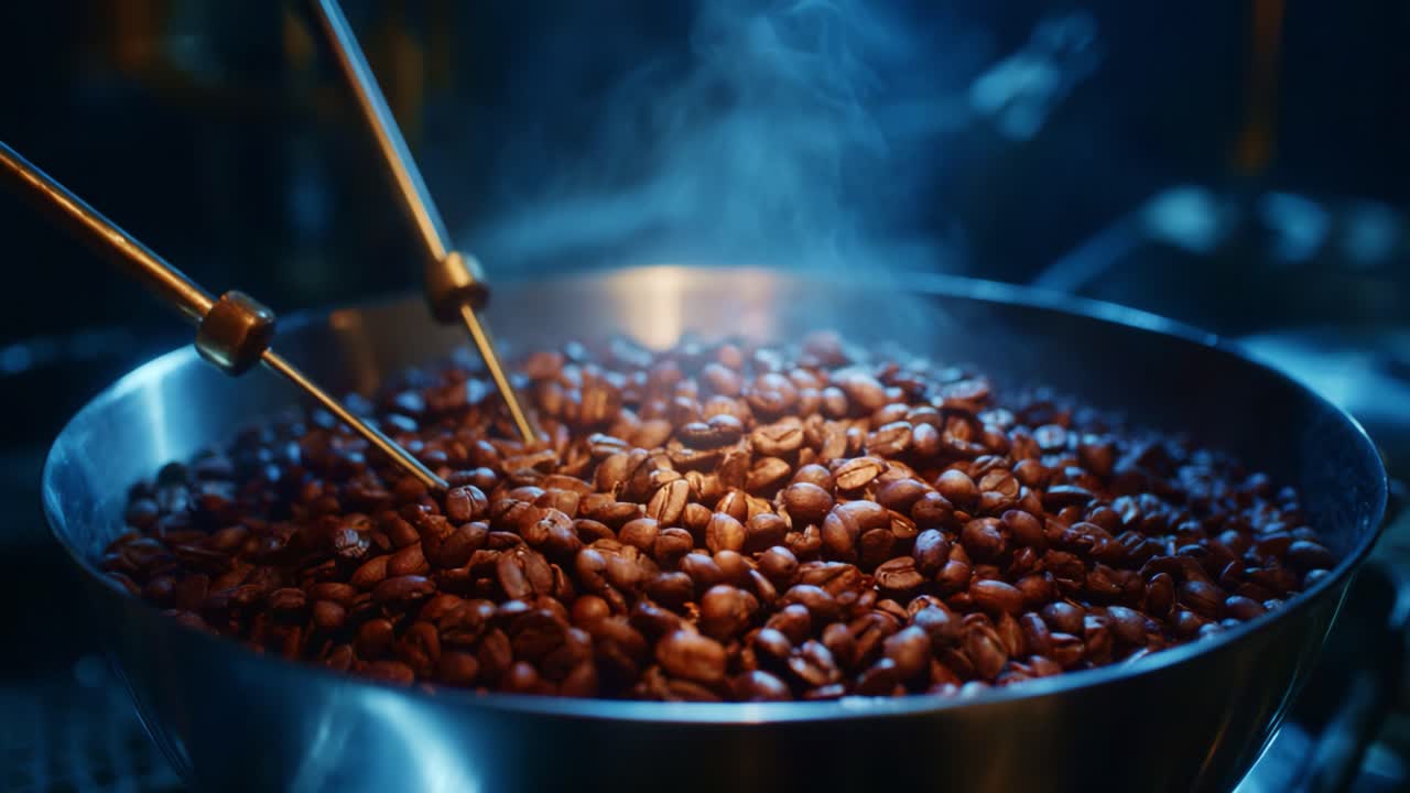 Roasting Coffee Beans: Capturing the Aromatic Essence of Freshly Roasted Coffee in a Silver Bowl with Steam Rising and Stirring Tools