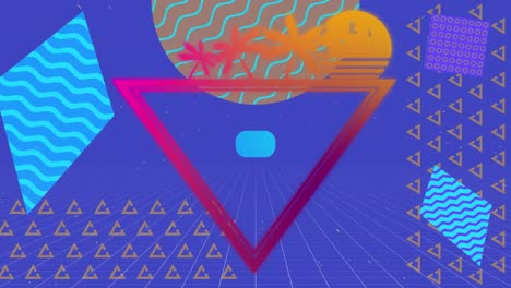 animación de un triángulo de neón con palmeras sobre un fondo de forma abstracta.