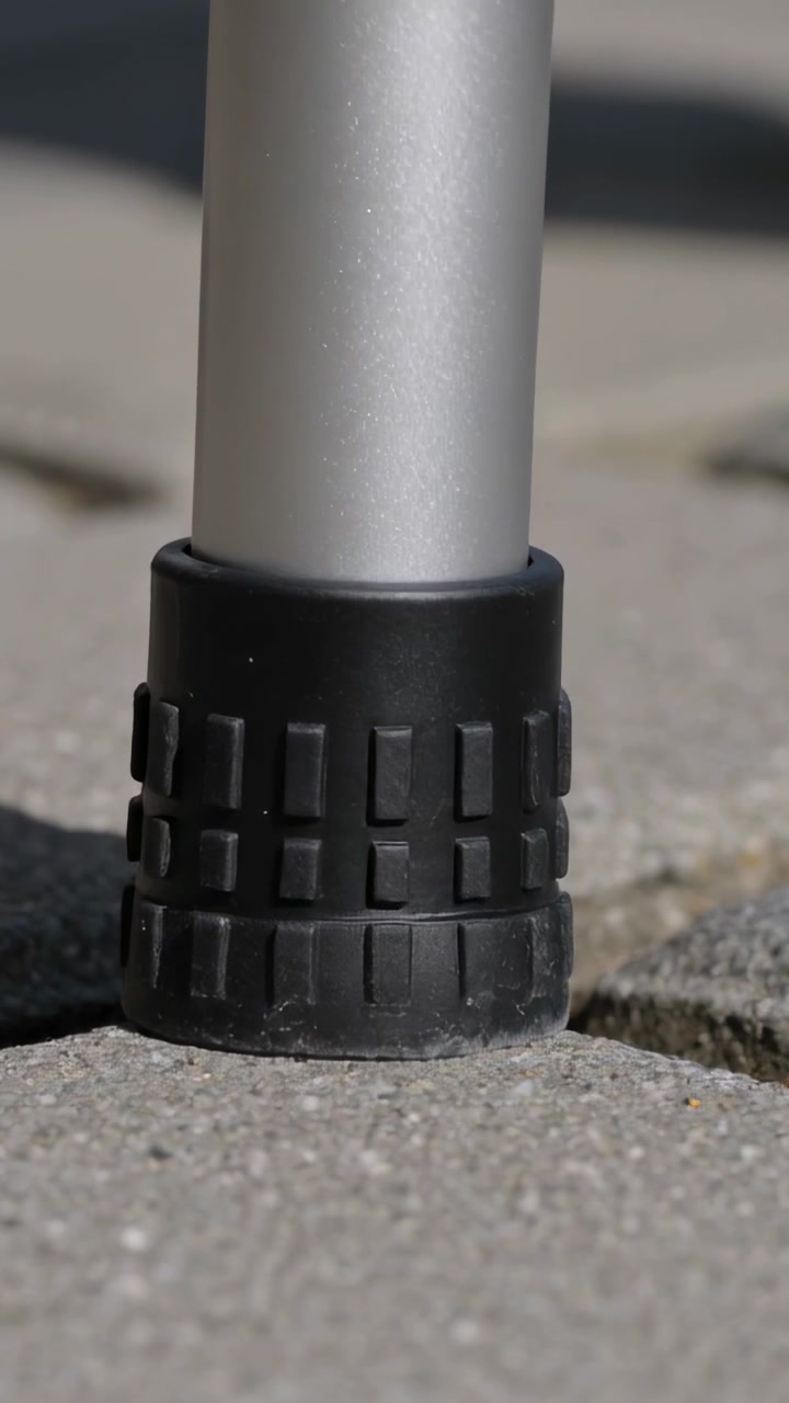 Vertical video: Camera pulling back showing silver leg lifting on pavers, rubber foot settling