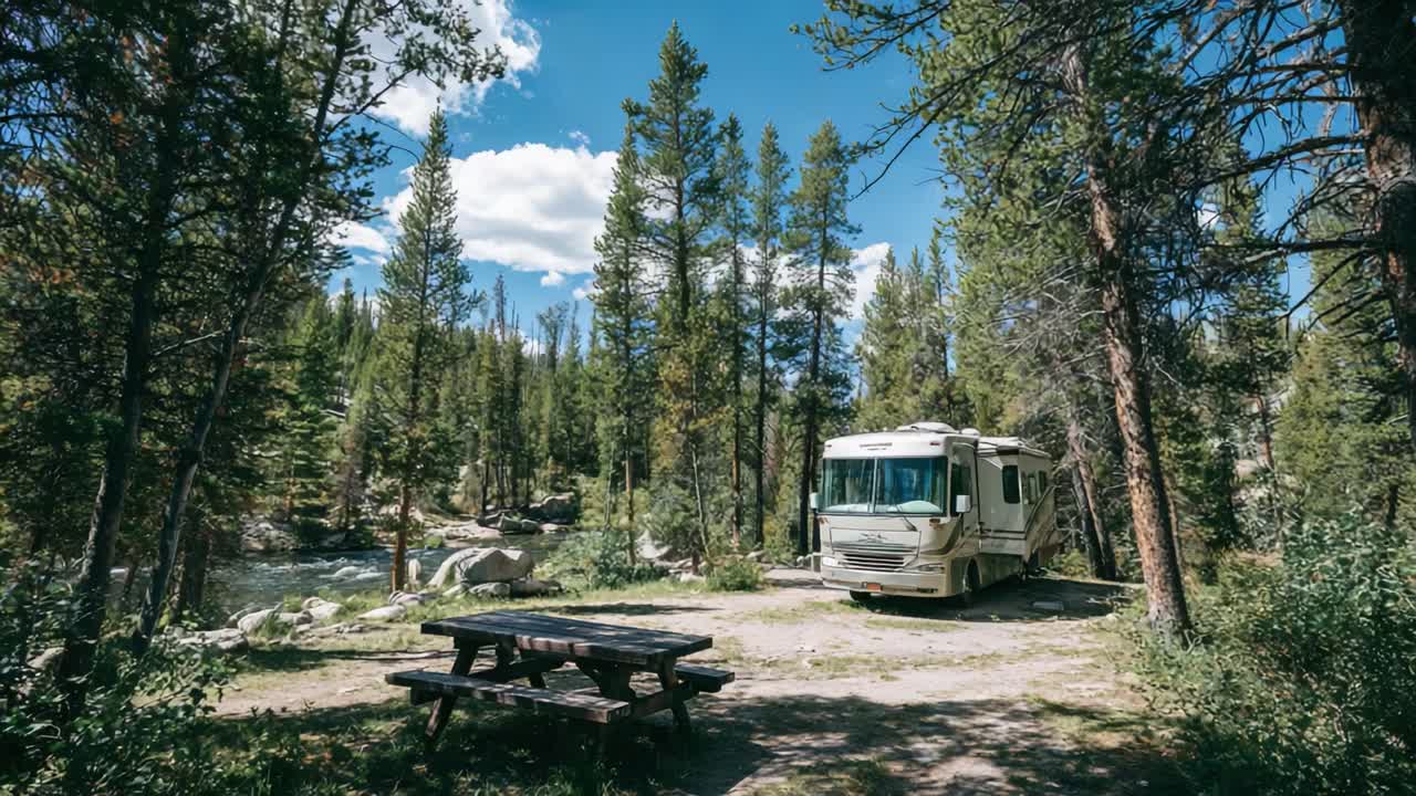 En fredfyldt oase: Oplev naturens ro i en autocamper gemt mellem høje fyrretræer ved en fredelig bæk på en smuk dag