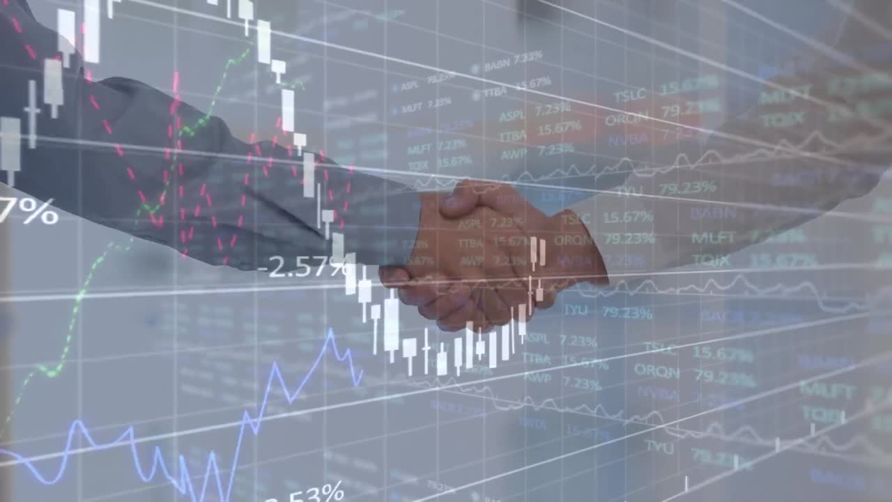 金融データ処理のアニメーション コーカシアのビジネスマンが握手している