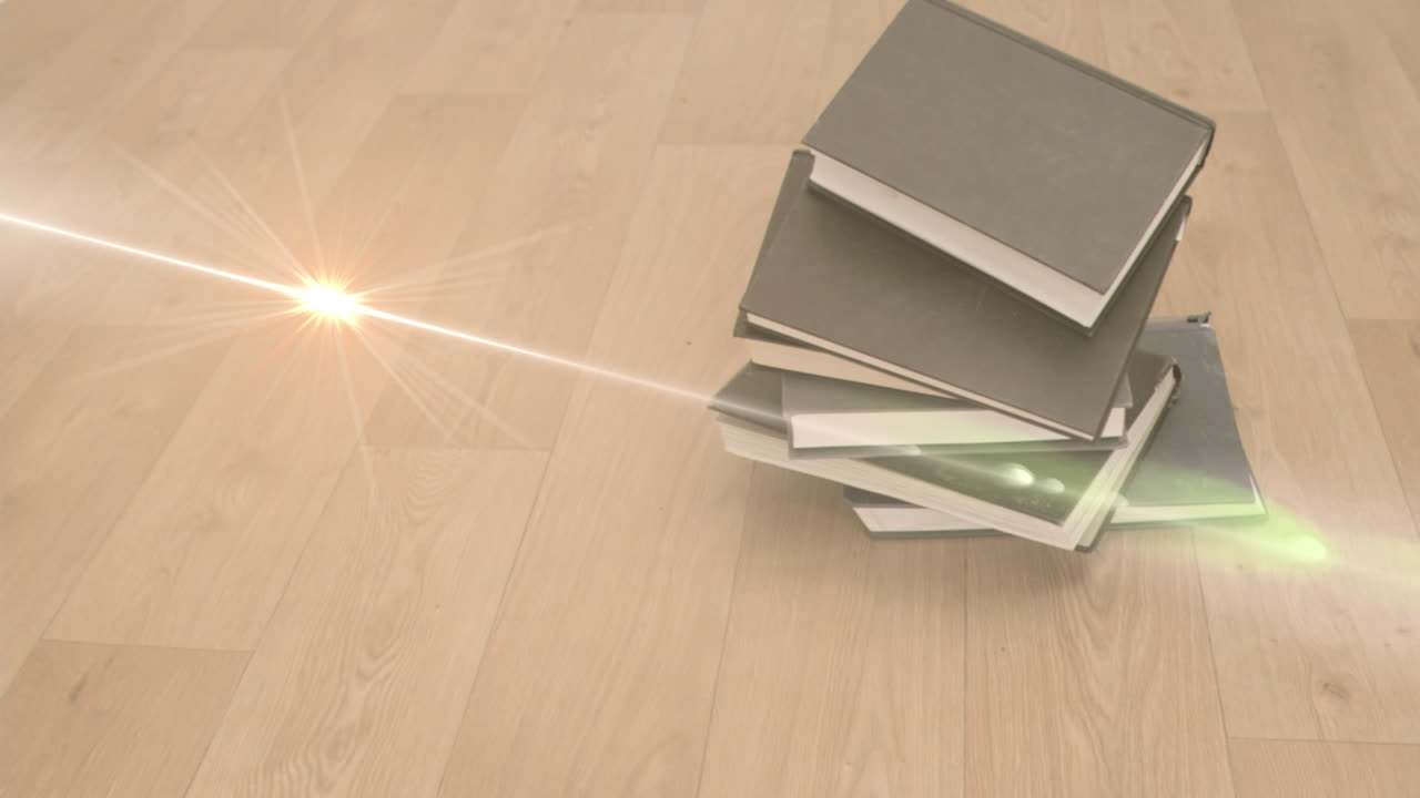 Animation of glowing spot over stack of books on wooden background