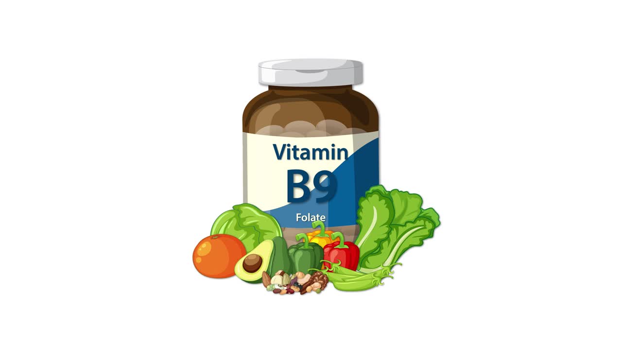 Vitamin B9 supplement bottle appears with leafy greens, vegetables, and fruits on white background