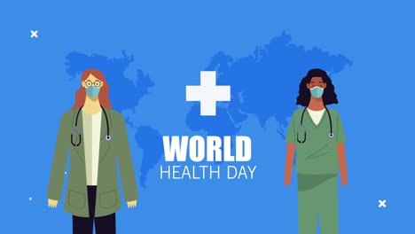 world healthy day lettering with female doctors couple