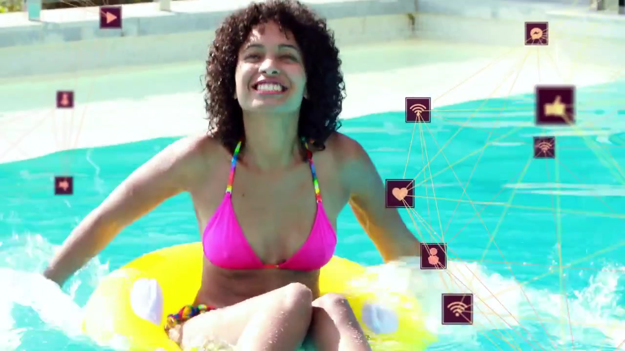 Woman on yellow ring sweeping arms, sending splashes and creating marketing buzz with icons