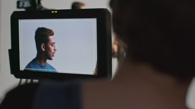 Behind the scenes of a movie set with a camera operator filming a man