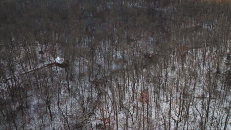 Snow-covered-mount-sequoyah,-arkansas,-with-bare-trees-and-lone-cabin-in-winter,-aerial-view