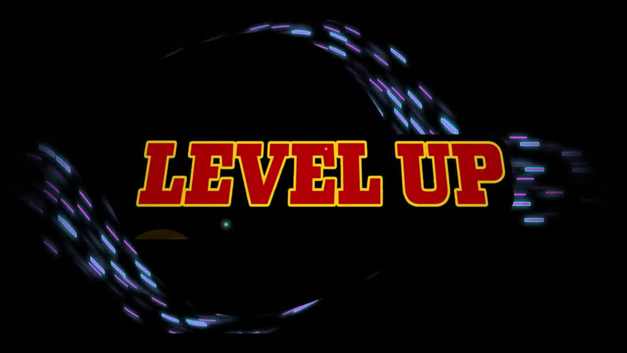 검은 바탕 위에 번개와 함께 레벨 업 텍스트 주위에 움직이는 선의 애니메이션