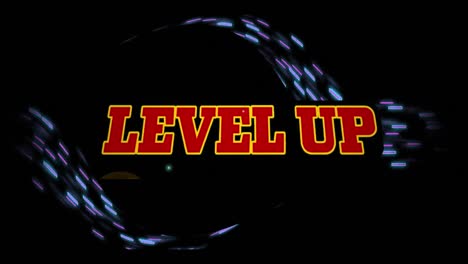 Animation-of-moving-lines-around-level-up-text-with-lightning-over-black-background