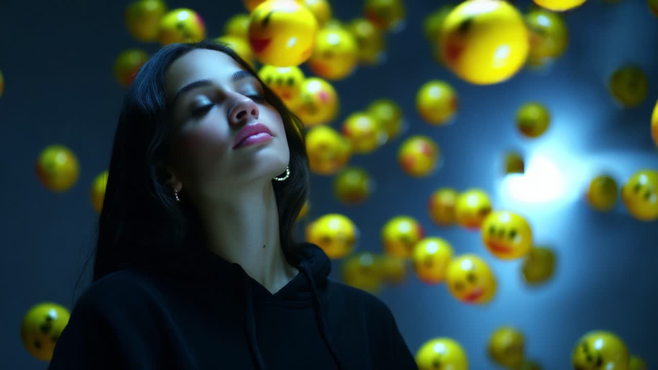 A contemplative young woman surrounded by floating yellow smiley emoji balls, evoking a sense of joy and wonder in a vibrant setting filled with soft blue lighting and whimsical playful elements