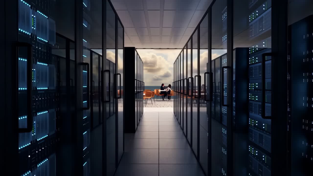A futuristic data center corridor leading to an outdoor terrace with people