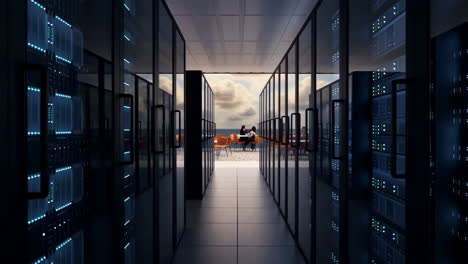 a futuristic data center corridor leading to an outdoor terrace with people