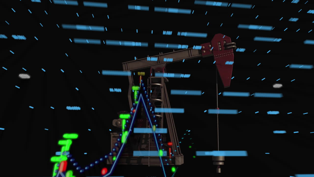 Oil pumpjack with data visualization and digital lines in futuristic animation