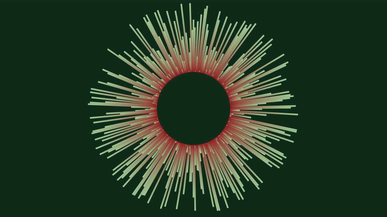 Abstract radial burst ring with green and red rays expanding around a central circle on dark background, ideal for modern motion design, tech intros, and transitions