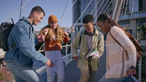 group of students on a bridge