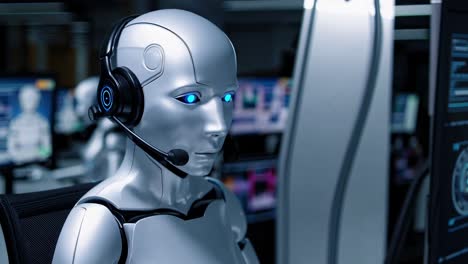 humanoid robot with headset working as a call center operator in a futuristic office environment, interacting with a computer displaying complex data