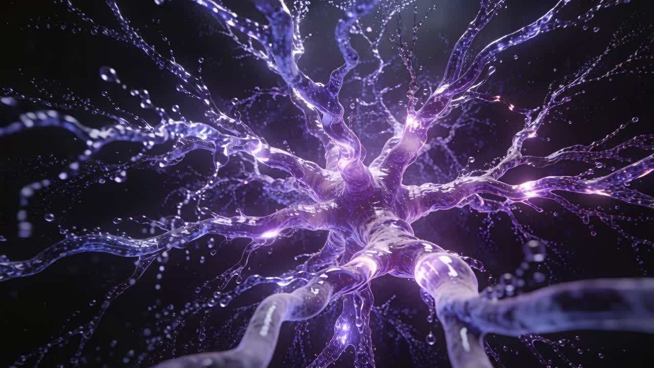 Pulsing neural branch form revealing core, glowing arms and droplets in void as camera backing away