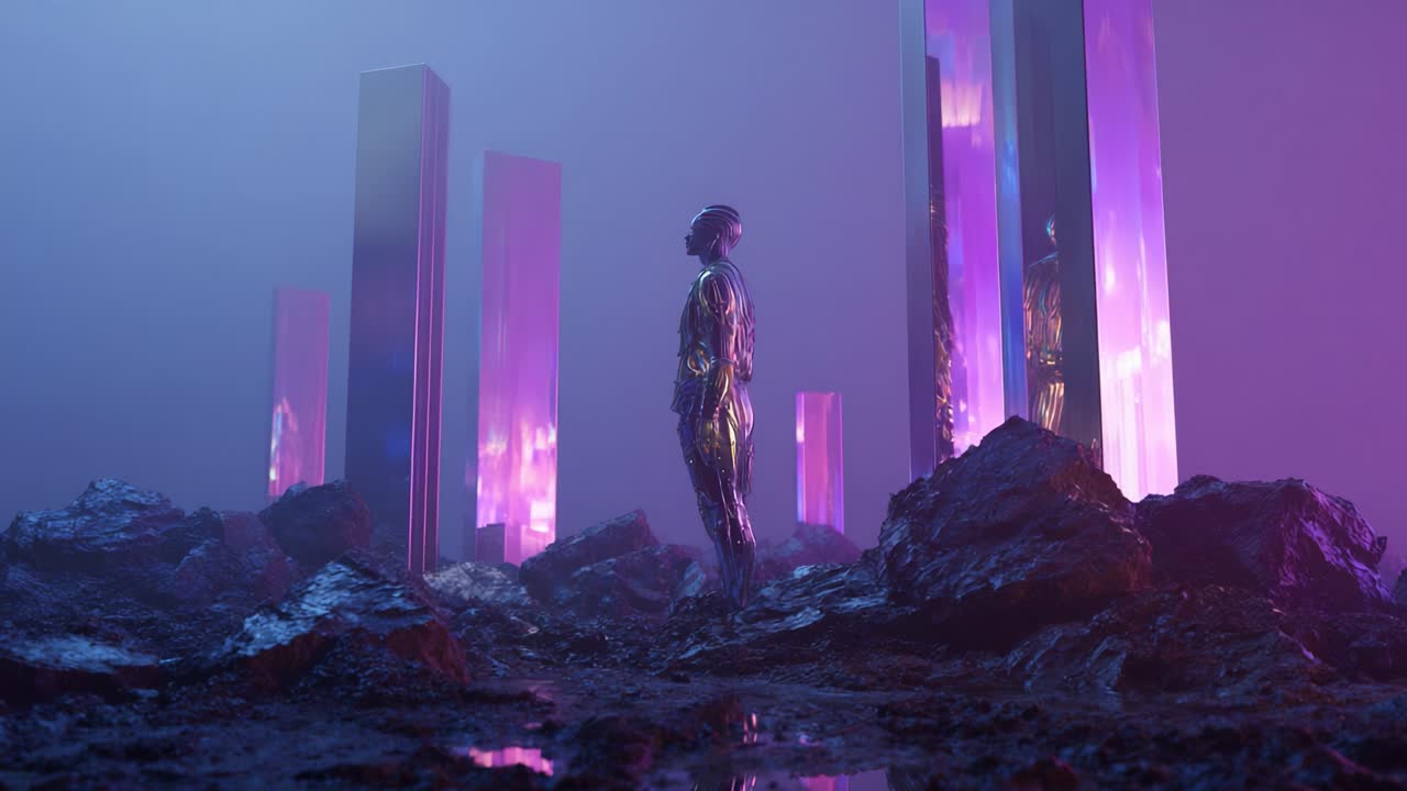 Futuristic Cyberpunk Landscape with Robot Figure