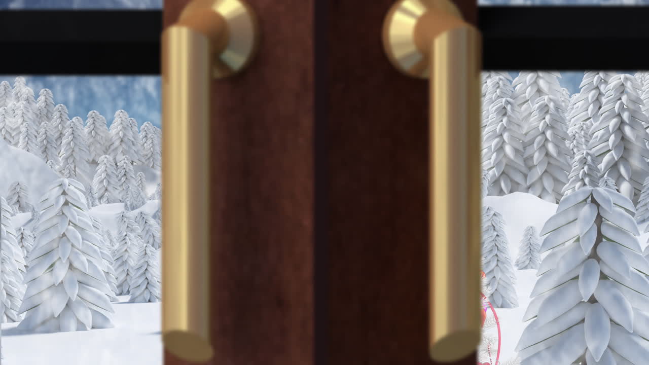 파란색 배경에 겨울 장면과 크리스마스 트리의 디지털 애니메이션.