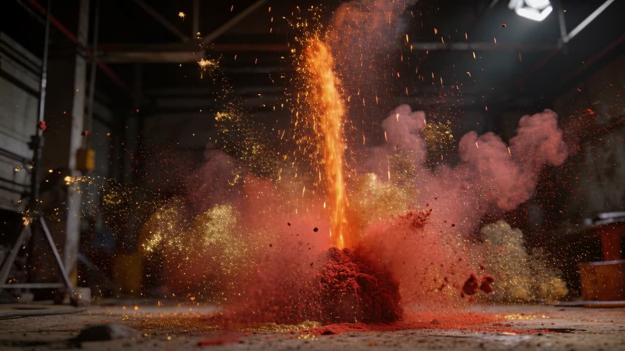Pila di pigmento rosso che si incendia ed erutta in una colonna di fiamme in un'officina, testando l'effetto con scintille.