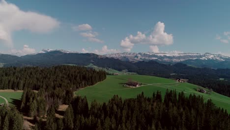 Aerial-of-Lakes,-Forests-and-Mountains-in-rural-Switzerland