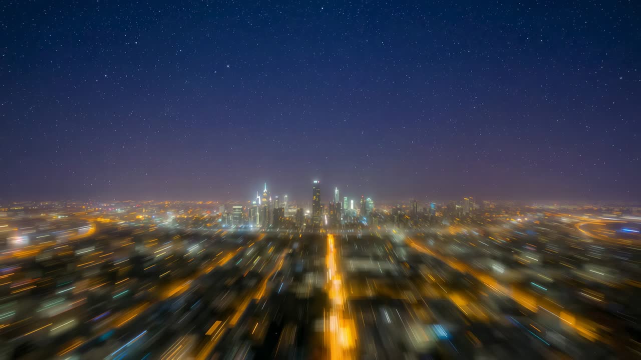 Camera zooming under starry sky, with skyscrapers, central avenue, street grid, drifting cloud bank