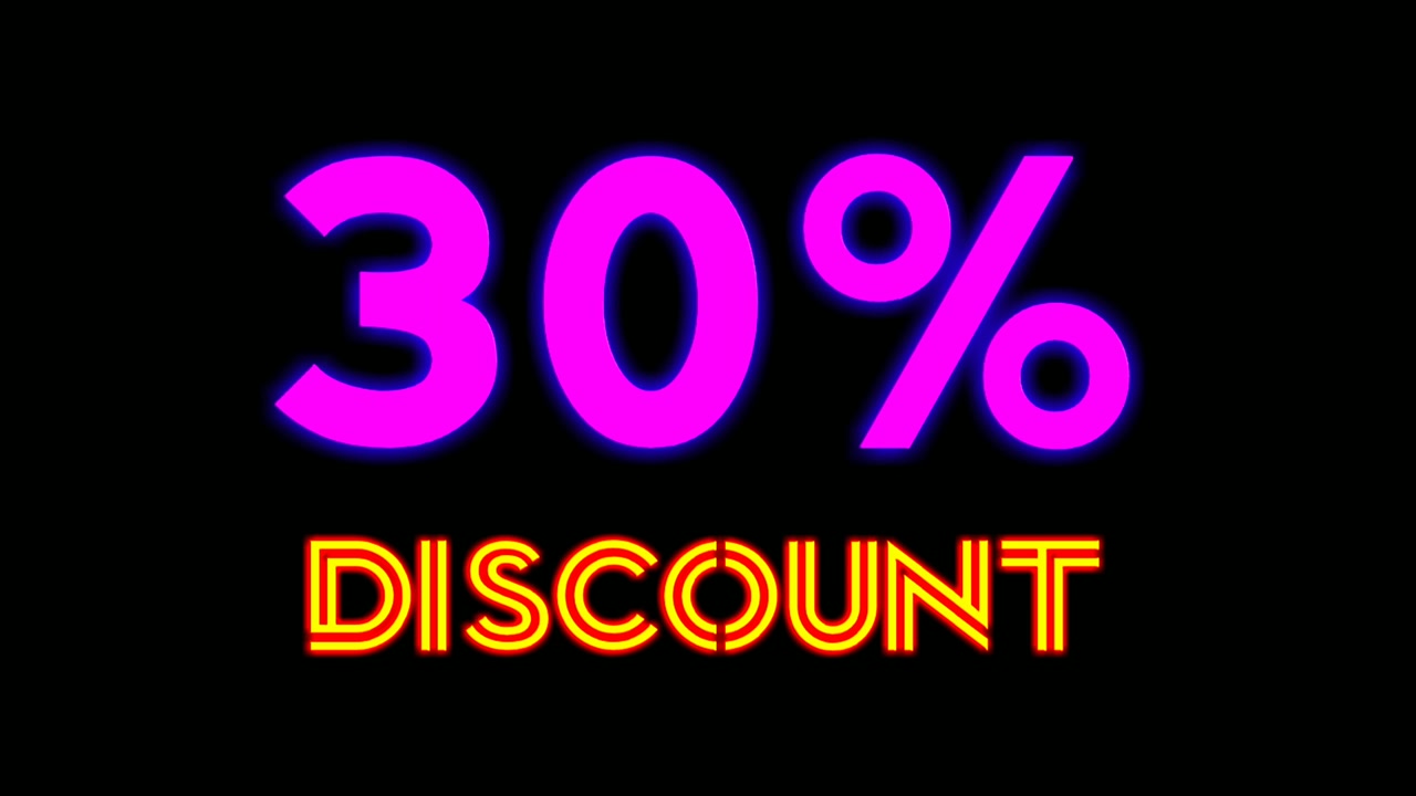 Neon light text 30 percent Discount on black background black friday,big sale event for shop,retail, resort,bar display promotion business concept