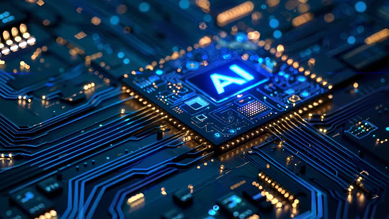 Aerial view of a glowing AI chip on a circuit board, showcasing futuristic technology