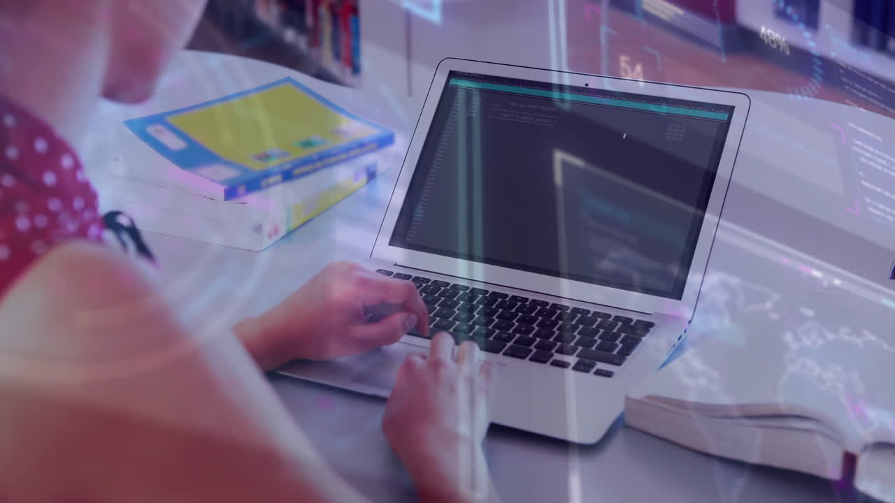 In library, person typing on laptop with animation of digital data overlay