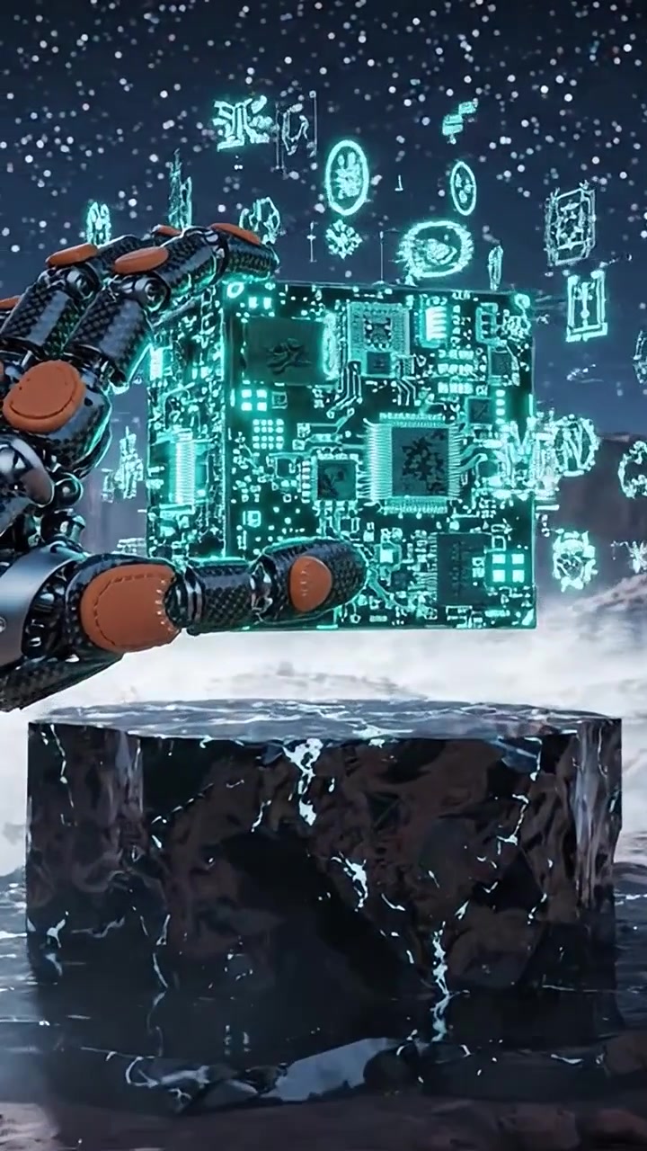 Futuristic robotic hand manipulating a glowing technological cube amidst a digital environment filled with holographic data and abstract visuals in a sci-fi landscape.