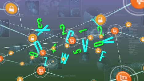 animación de conexiones, números, letras y datos en pantallas digitales