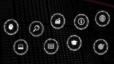 digital interface glowing with nine pulsing data icons cascading over dark scrolling code backdrop