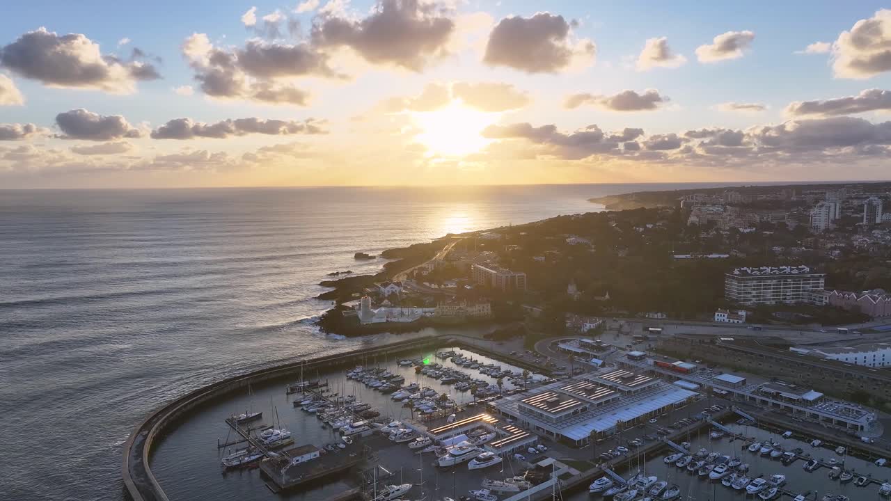 Sunset Cascais Skyline At Cascais In Lisbon District Portugal. Beach Landscape. Tourism Landmark. Cityscape Scene. Cascais Skyline At Cascais In Lisbon District Portugal.