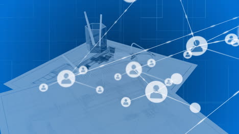 animation of network of connections over architecture plans