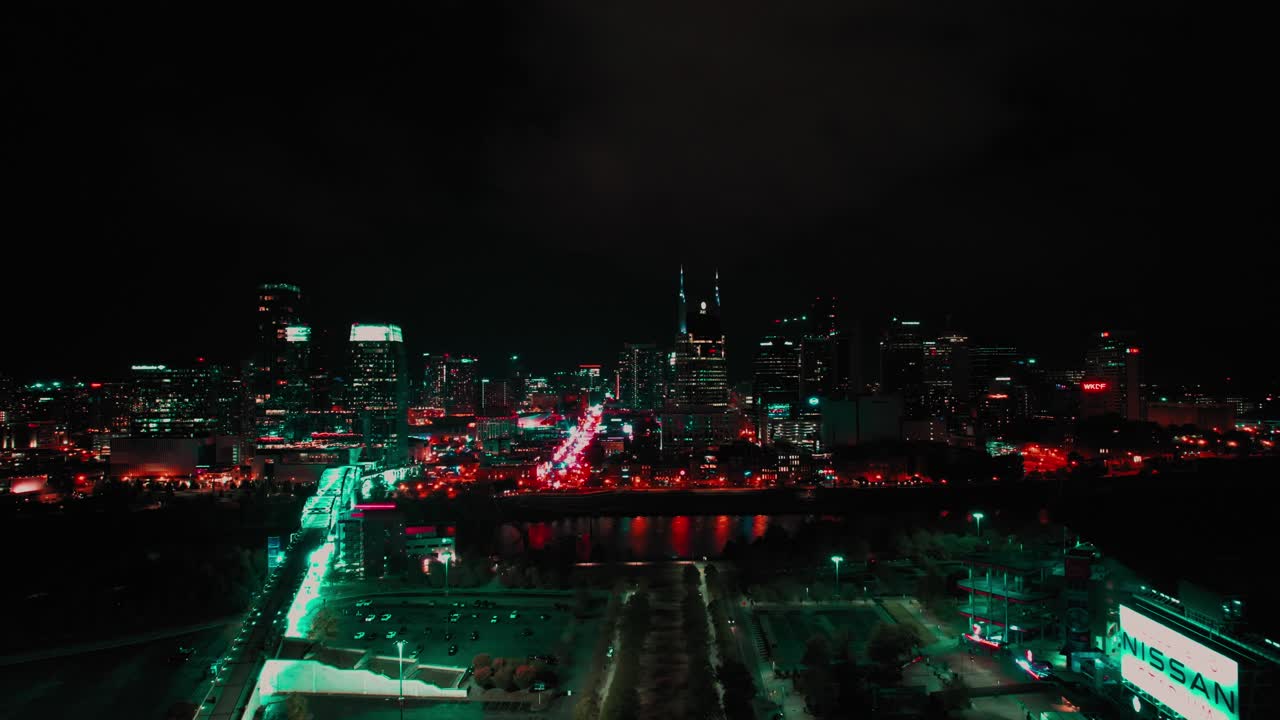 Evening View Of Downtown Nashville Skyline With Cumberland River In Tennessee, USA