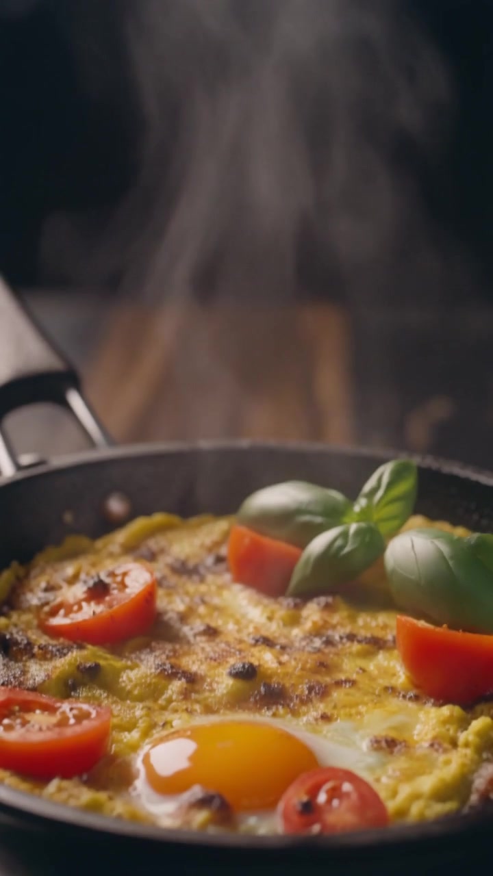 Foglie di basilico fresco che cadono su una frittata calda in padella