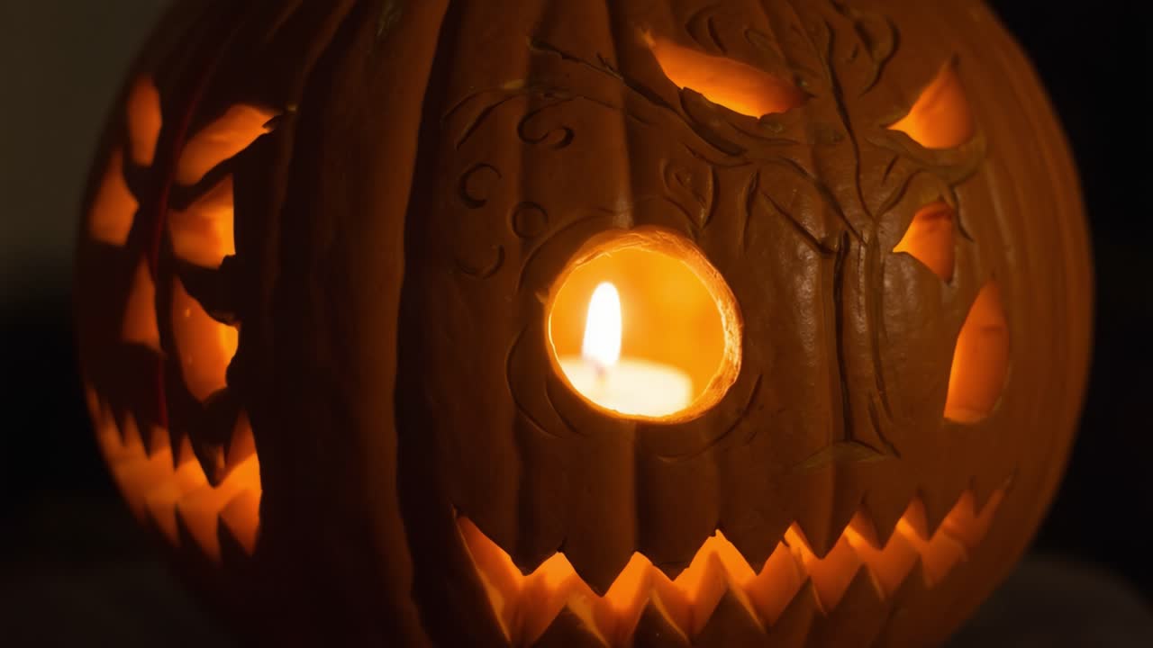 Illuminated Halloween Pumpkin: A Spooky Carved Jack-o'-Lantern Glows with Candlelight, Creating a Festive Atmosphere in Celebration of the Fall Season