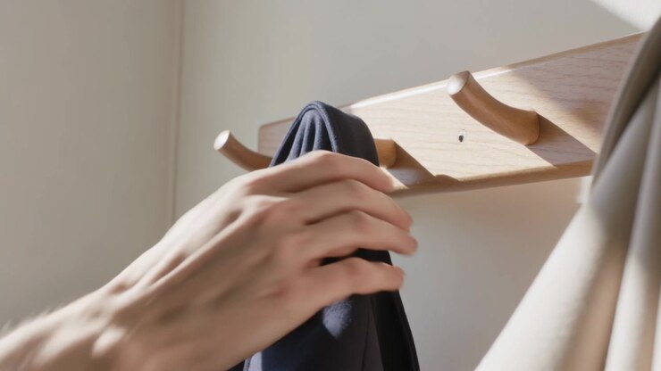 Mani adulte che posizionano una giacca scura su un appendiabiti di legno nel corridoio, lisciando una manica verde chiaro.