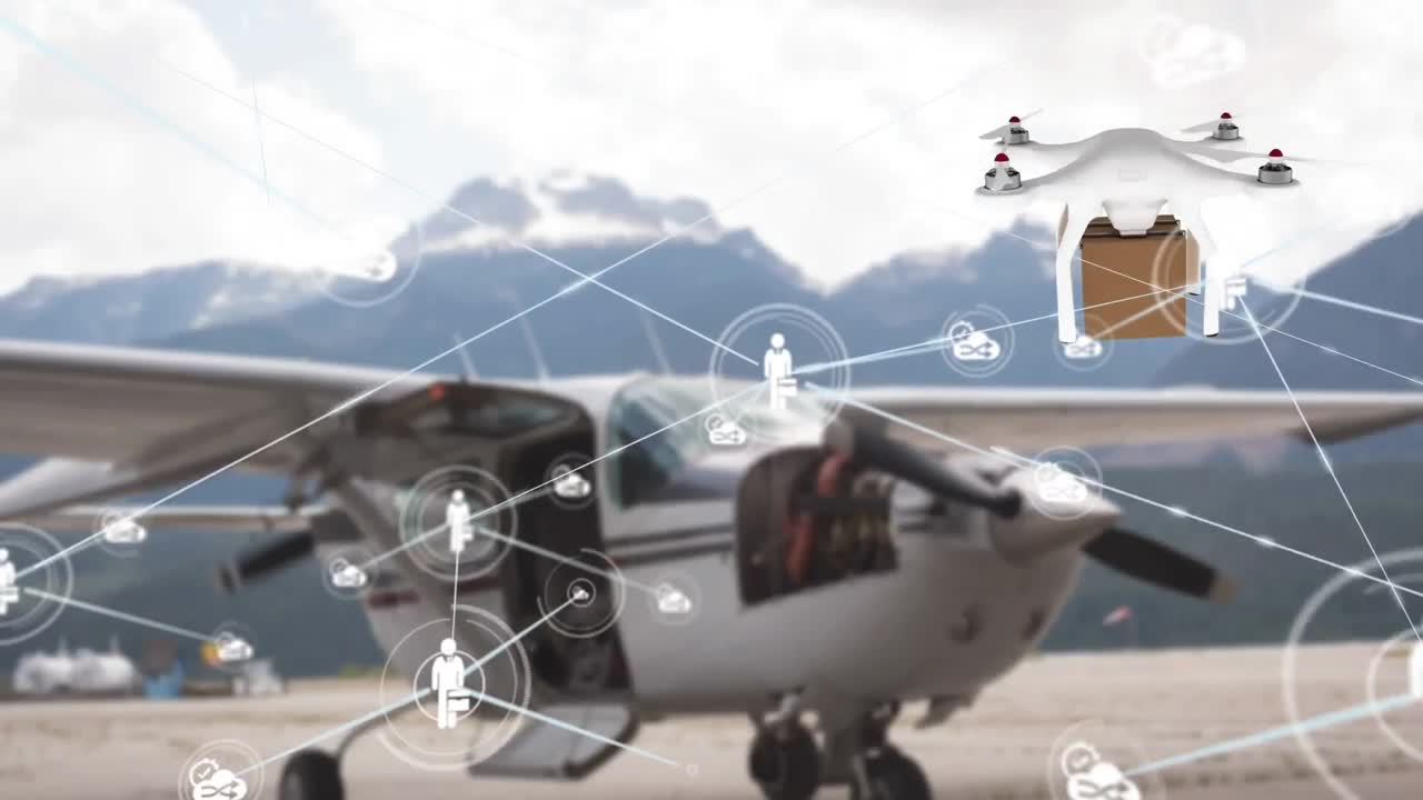 패키지와 함께 배달 드론을 통해 아이콘과 연결 네트워크의 애니메이션