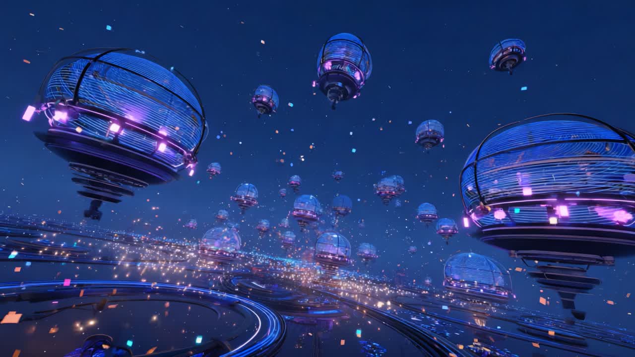 An Enigmatic Journey Through a Futuristic Cityscape Illuminated by Floating Pods, Bathed in Vibrant Colors Against a Night Sky, Creating a Dreamlike and Engaging Atmosphere
