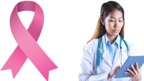 Animation-of-pink-breast-cancer-ribbon-logo-over-smiling-female-doctor