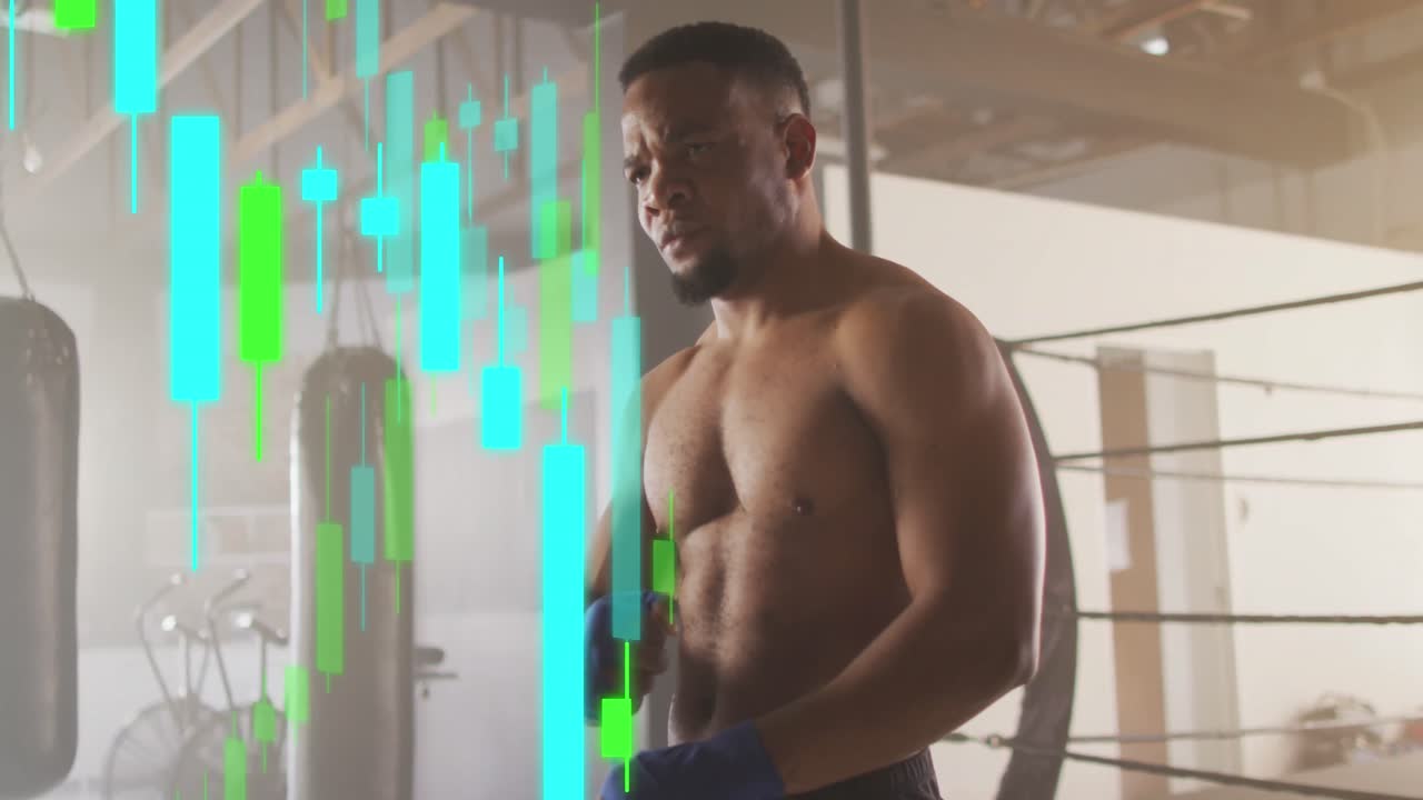 animación del procesamiento de datos sobre un hombre afroamericano ejercitándose en un gimnasio de boxeo