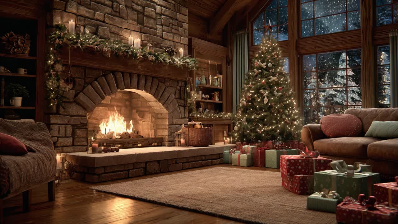 Cozy Winter Wonderland: A Beautifully Decorated Living Room with a Glowing Fireplace, Christmas Tree, and Presents, Perfect for Holiday Festivities
