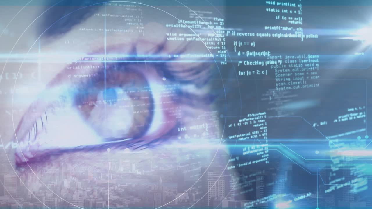 Female eye gazing right, starting HUD code overlays sweeping eye, showing biometric scan