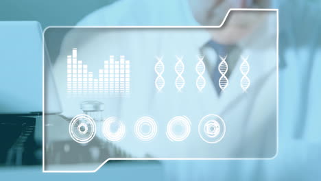 animation of interface processing data and dna over caucasian male scientist working at laboratory