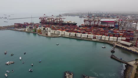 Drone-timelapse-video-of-a-sea-port-located-in-Callao,-Lima,-Peru