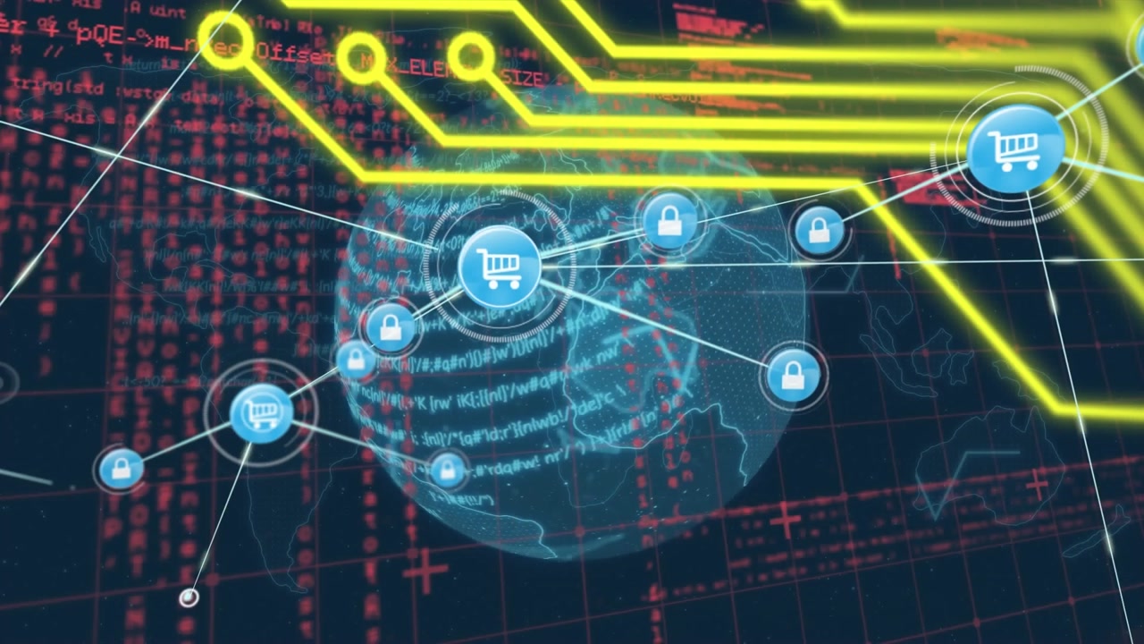 Animation of network of connections and globe over data processing