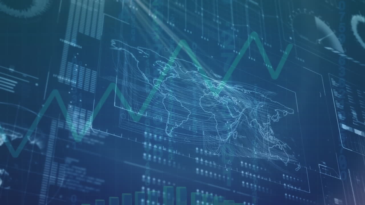 World map, graph and data processing on dark blue background