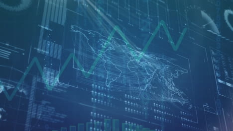 world map, graph and data processing on dark blue background